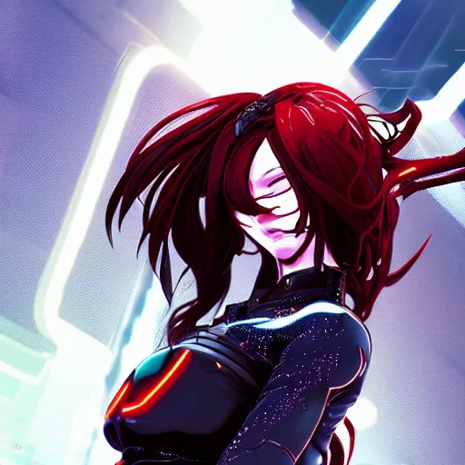 Image similar to digital anime, cyborg - girl standing in the middle of the street bending and refracting light around her, black red long hair!, biomechanical details, neon background lighting, reflections, wlop, ilya kuvshinov, artgerm