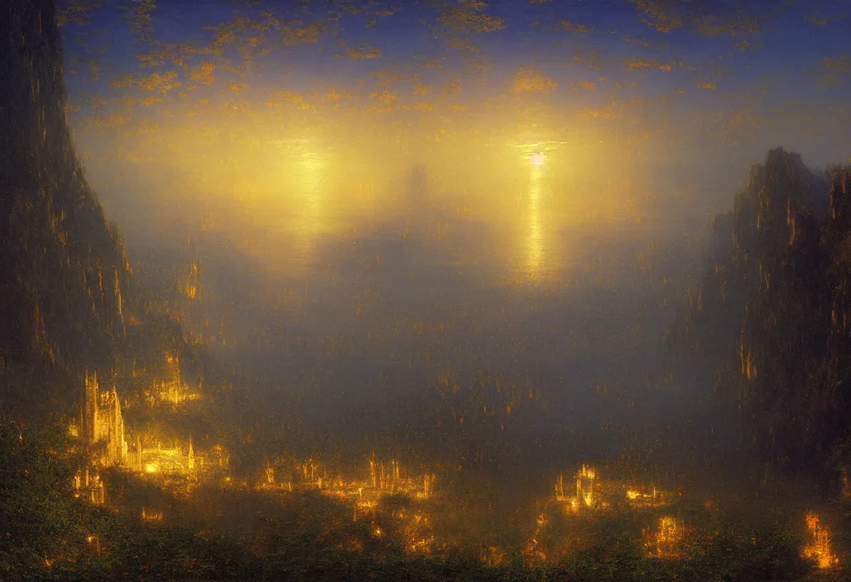 Image similar to a beautiful ultradetailed painting of a single gilded cathedral at the edge of a cliff next to a deep blue sea illuminated by orange fireflies, albert bierstadt, makoto shinkai, 8 k, light effects, trending on artstation