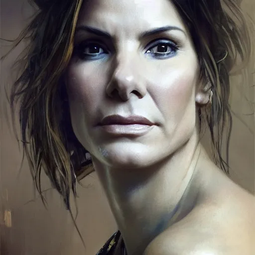 Image similar to hyperrealist portrait of sandra bullock. by jeremy mann and alphonse mucha, fantasy art, photo realistic, dynamic lighting, artstation, poster, volumetric lighting, very detailed faces, 4 k, award winning