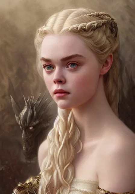 Image similar to daenerys elle fanning, intricate, elegant, highly detailed, digital painting, artstation, concept art, smooth, sharp focus, illustration, art by artgerm and greg rutkowski and alphonse mucha and william - adolphe bouguereau