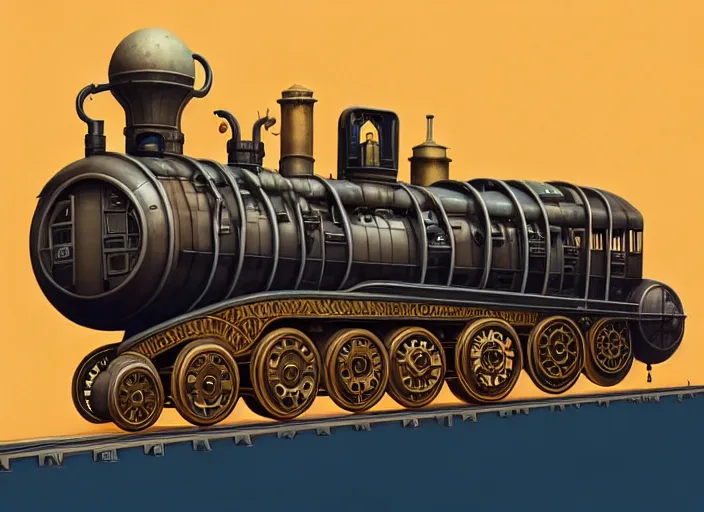 Image similar to a steampunk train by paolo eleuteri serpieri and tomer hanuka and chesley bonestell and daniel merriam and tomokazu matsuyama, unreal engine, high resolution render, featured on artstation, octane, 8 k, highly intricate details, vivid colors, vector illustration