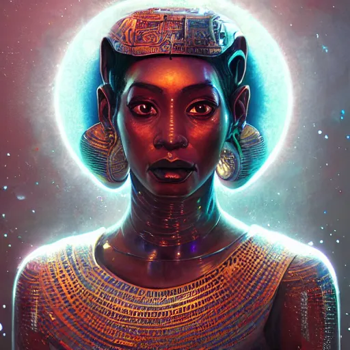 Image similar to highly detailed portrait of sekhmet the egyptian goddess, intricate alien technology, stephen bliss, unreal engine, fantasy art by greg rutkowski, loish, rhads, ferdinand knab, makoto shinkai and lois van baarle, ilya kuvshinov, rossdraws, tom bagshaw, global illumination, radiant light, detailed and intricate environment