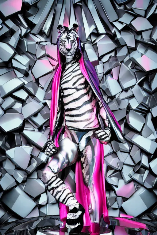 Prompt: hyper detailed ultra sharp fullbody photo of baroque and cyberpunk reflective pink ceramic sculpture of a muscular seductive young spanish piero mendez feeling highly aroused bem dotado, iridescent humanoid deity wearing black and white striped seethrough cloak, holding a rainbow tiger gem, blue diamond, glowing pink face, crown of white diamonds, cinematic lighting, photorealistic, octane render 8 k