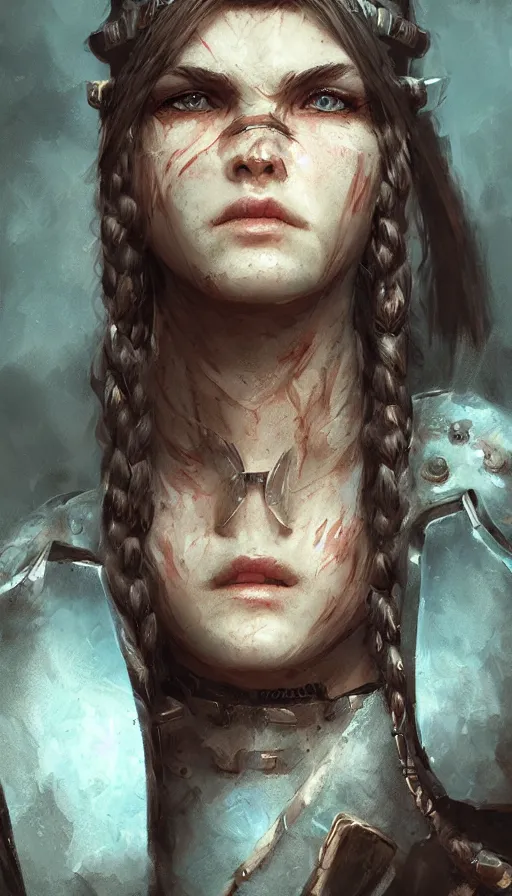 Prompt: head and shoulders focus portrait of a barbarian female high quality focus by wlop and rosstran