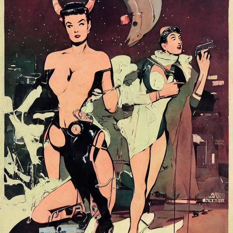 Prompt: scifi woman by Robert McGinnis, pulp comic style, circa 1958