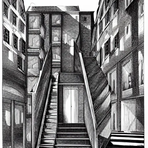 Prompt: Landscape drawing of a maze of stairs, Dark, Intense, Dramatic, prolific, Black and White by François Schuiten and M. C. Escher