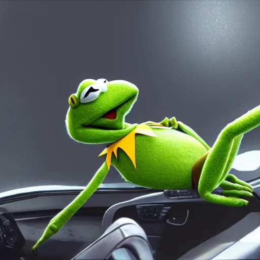 Image similar to kermit driving a car, wlop, cinematic lighting, hyperdetailed, 8 k realistic, symmetrical, global illumination, radiant light,, frostbite 3 engine, cryengine, dof, trending on artstation, digital art, chanel