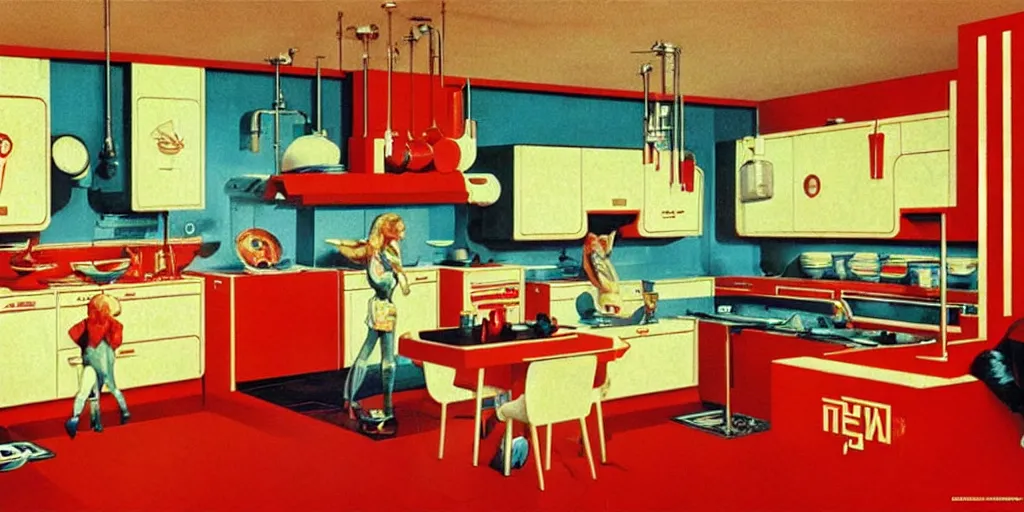 Image similar to soviet retro - futuristic kitchen by drew struzan