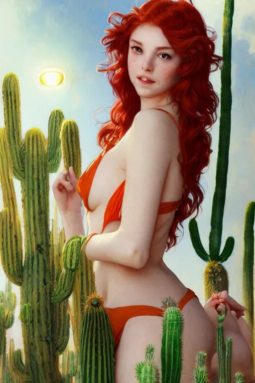 Image similar to Portrait of red-haired girl with fox ears and an evil grin in orange bikini holds a cactus cinematic lighting, intricate, elegant, highly detailed, digital painting, artstation, smooth, sharp focus, illustration, art by Yoshitaka Amano, artgerm and greg rutkowski and alphonse mucha and william-adolphe bouguereau