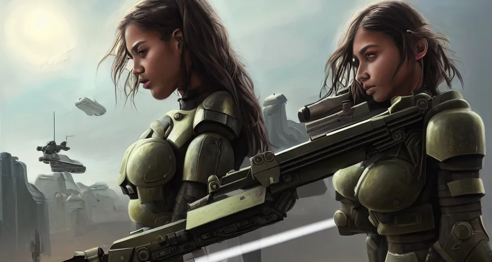 Prompt: a photorealistic painting of an attractive young girl, clothed in stealth-battle armor with a giant sci-fi sniperrifle in her hands, olive skin, long dark hair snd ebony skin, symmetrical face, a futuristic hover-tank with heavy laser-turret in the background, intricate details, elegant, digital painting, illustration, sharp focus, minimal artifacts, from Metal Gear, in the style of Ruan Jia and Mandy Jurgens and Greg Rutkowski, trending on Artstation, award winning, unreal engine, octane render