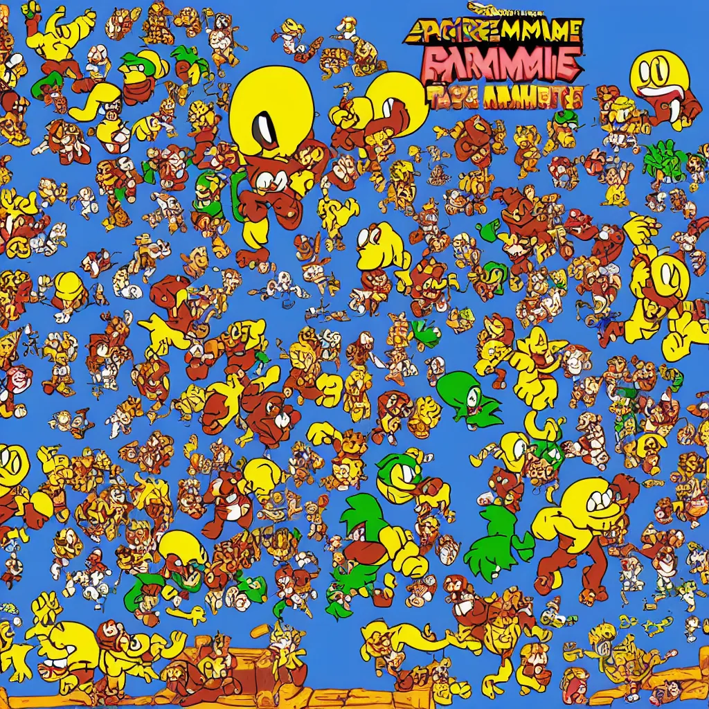 Image similar to sprite sheet from arcade game, pacman meets donkey kong