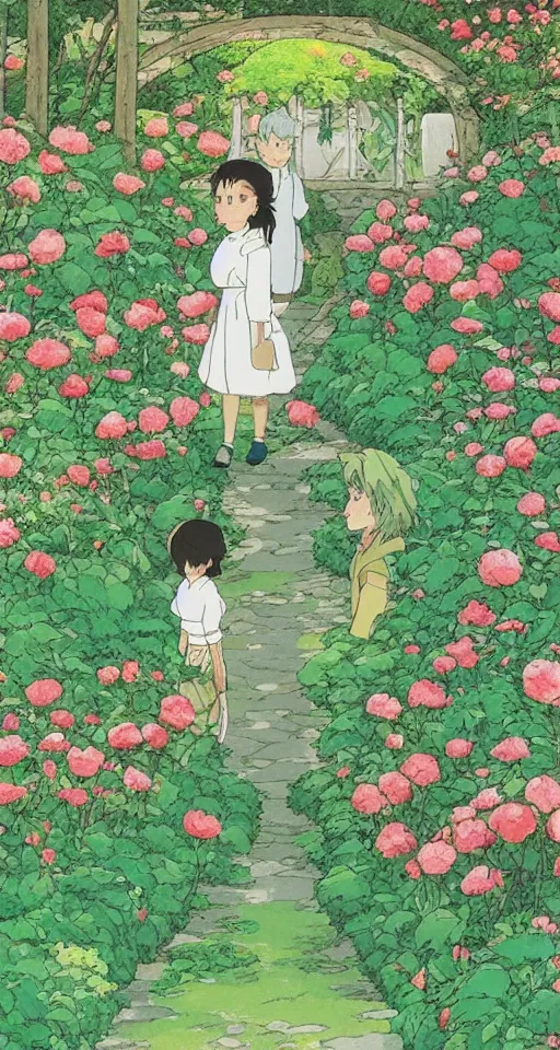 Image similar to studio ghibli rose garden by hayao miyazaki