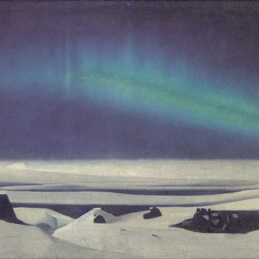 Image similar to the epic abstract painting'blue arctic void with black and red aurora borealis above a tiny inuit village ', by caspar david friedrich!!!, by rothko!!!, stunning masterpiece, trending on artstation