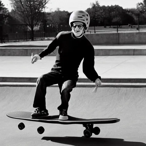 Prompt: Stephan Hawking on a skateboard, at a skatepark, historical photo, photorealistic