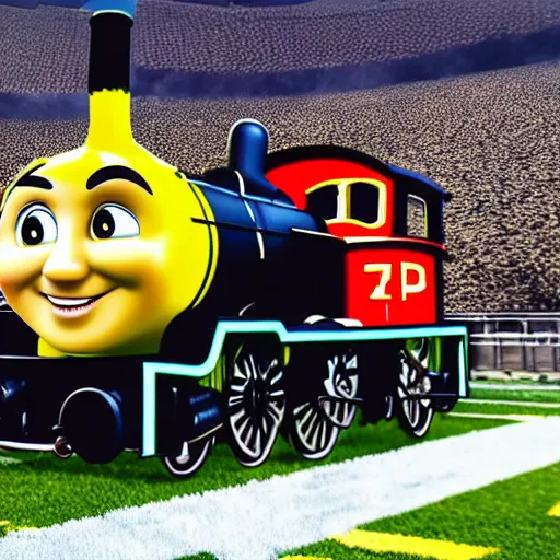 Image similar to purdue pete as thomas the tank engine on a football field