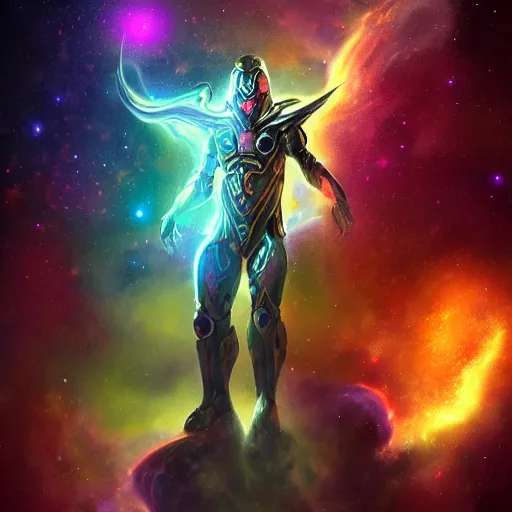 Image similar to photorealistic fantasy cosmic concept art of a cosmic nebula God in dark matter armor hovering in a unknown galaxy, fully body portrait, cinematic, dynamic lighting, ultra detailed, creative, trending on art station