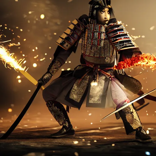 Prompt: japanese samurai disintegrating into crystals wielding a flaming katana, volumetric lighting, dynamic composition, hyper detailed, ultra realistic, sharp focus, octane render, concept art