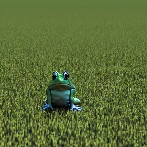 Image similar to a frog standing upright in the middle of a gigantic field, he is lost