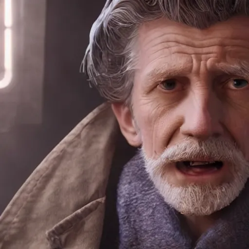 Image similar to tom holland as a rough dirty old man with a scruffy beard in a dark blue trenchcoat as the new doctor who, cinematic, volumetric lighting, f 8 aperture, cinematic eastman 5 3 8 4 film, photorealistic