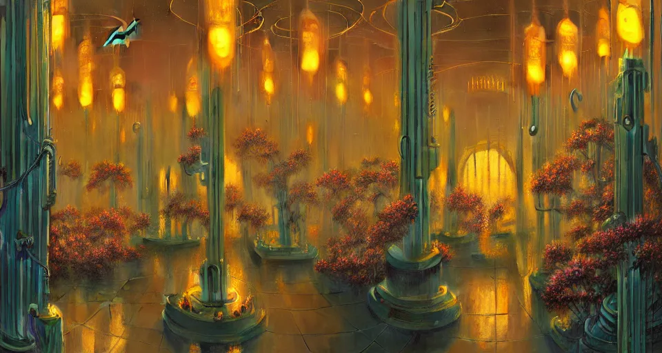 Image similar to a bright minimalist bioluminescent oil painting by donato giancola, warm coloured, cinematic scifi luxurious futuristic foggy steam filled victorian garden with microscopy radial windows flowers growing out of pretty bulbous ceramic fountains, gigantic pillars and flowers, maschinen krieger, beeple, star trek, star wars, ilm, atmospheric perspective