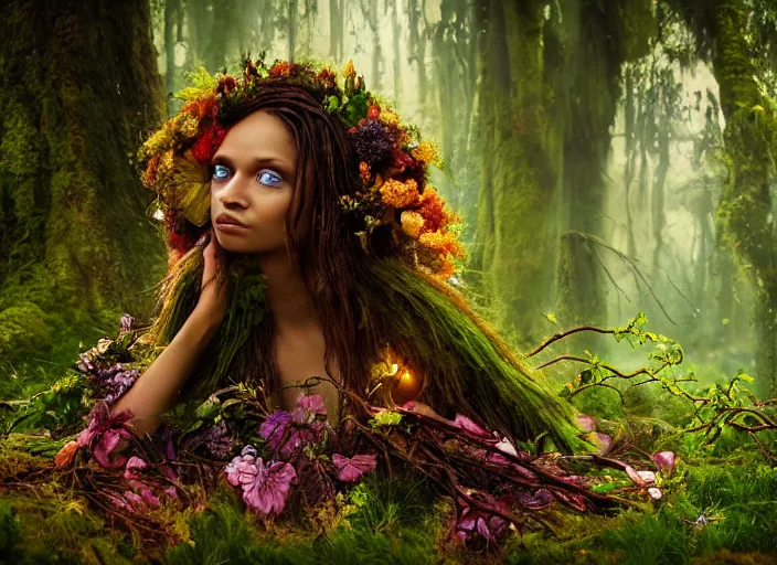 a magical forest dryad, brown skin like soil, flowers | Stable ...