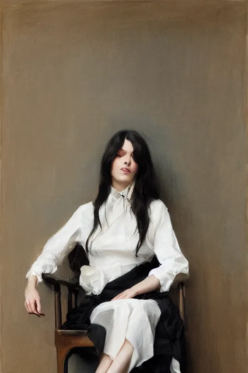 Image similar to girl with long hair, silk dress, high heels, sitting on designer chair, by jeremy lipking