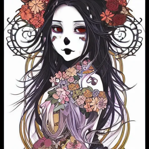 Image similar to anime manga skull portrait young woman hair floral by James Jean fairytale comic skeleton illustration style by Alphonse Mucha pop art nouveau