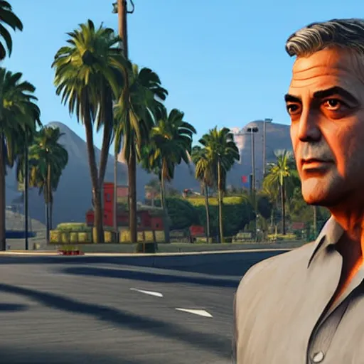 Prompt: george clooney in gta v. los santos in background, shallow depth of field, palm trees in the art style of stephen bliss