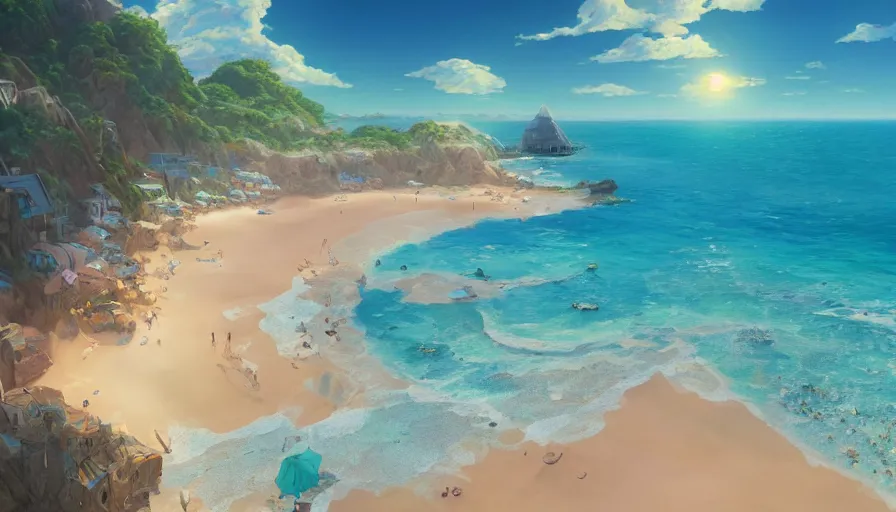 Image similar to A highly detailed matte painting of a beautiful beach with golden shimmering sands by Studio Ghibli, Mokoto Shinkai, by Artgerm, by beeple, volumetric lighting, octane render, 4K resolution, trending on artstation