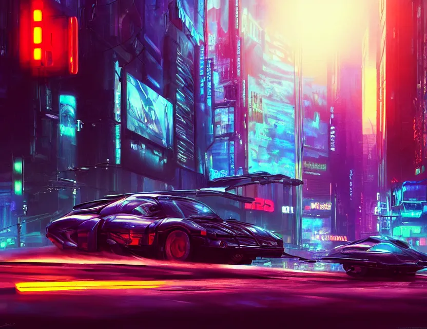 Prompt: a cyberpunk car, movie poster, promotional poster, street, neon lights, lens flare, raining, epic cinematic, hyperrealism masterpiece, fine detail, realistic shaded lighting by craig mallismo, artgerm, jeremy lipkin and michael garmash and hans zatzka, unreal engine, radiant light, detailed and complex environment, digital art, art station trends