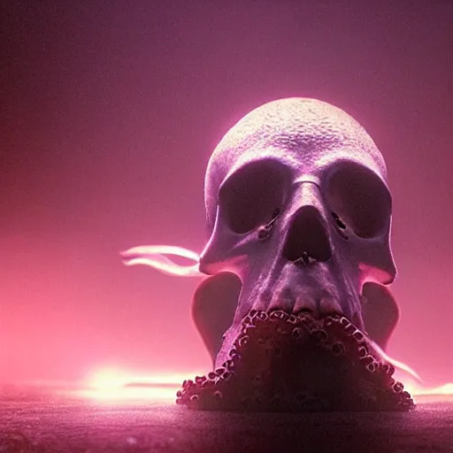 Prompt: an octopus in the shape of a skull surrounded by flowers at midnight, foggy cinematic shot photo still from movie by denis villeneuve, wayne barlowe