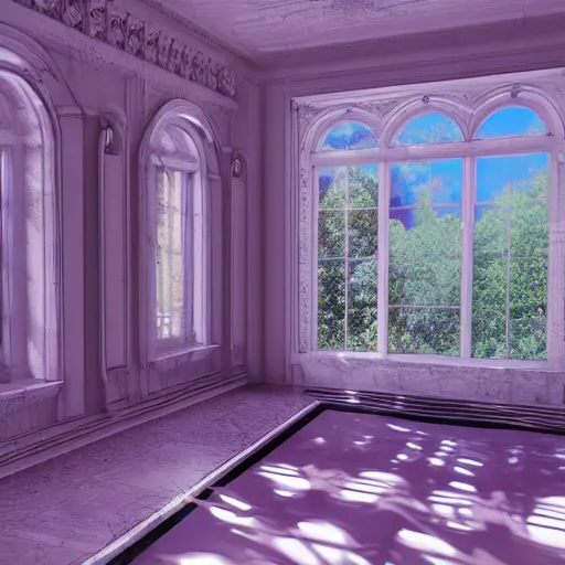 Image similar to vaporwave mansion, liminal space, high detail, rendered in unreal engine, 3d render, god rays, volumetric lighting, large windows