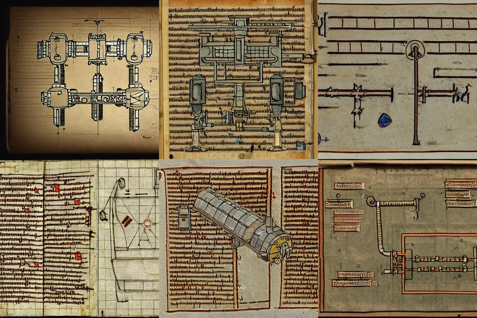 Prompt: detailed schematics of a working FTL-drive, medieval manuscript
