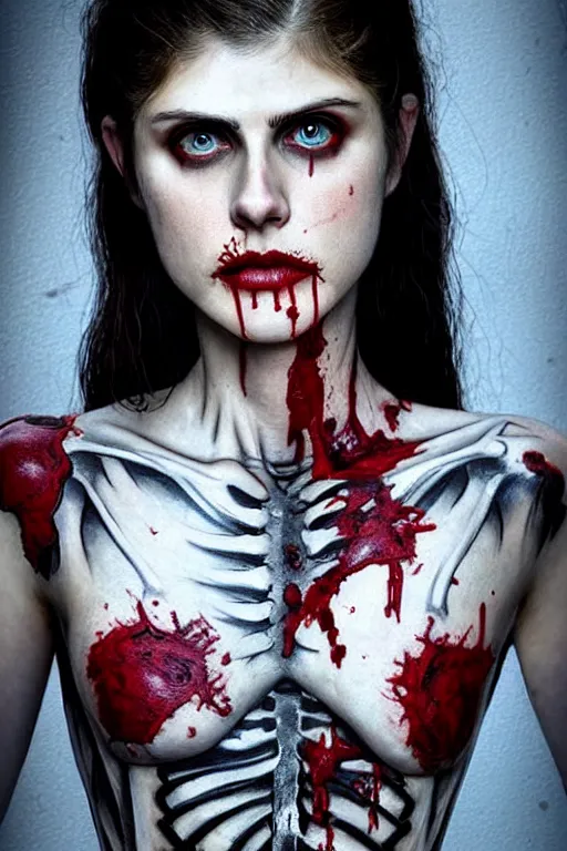 Prompt: skeleton black bones full body tattoo, covered with blood, alexandra daddario face!!, masterpiece portrait, long red hair, beautiful blue eyes, ultra realistic, concept art, intricate details, highly detailed, photorealistic, octane render, 8 k, unreal engine. retro film still, heavy grain, 3 5 mm, art by artgerm and greg rutkowski and alphonse mucha