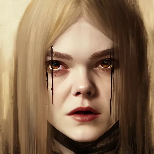 Prompt: elle fanning as a vampire in prey and dishonored, heavy rain, wind, thunder, reflections, deep focus, d & d, fantasy, intricate, elegant, highly detailed, digital painting, artstation, concept art, matte, sharp focus, illustration, hearthstone, art by artgerm and greg rutkowski and alphonse mucha