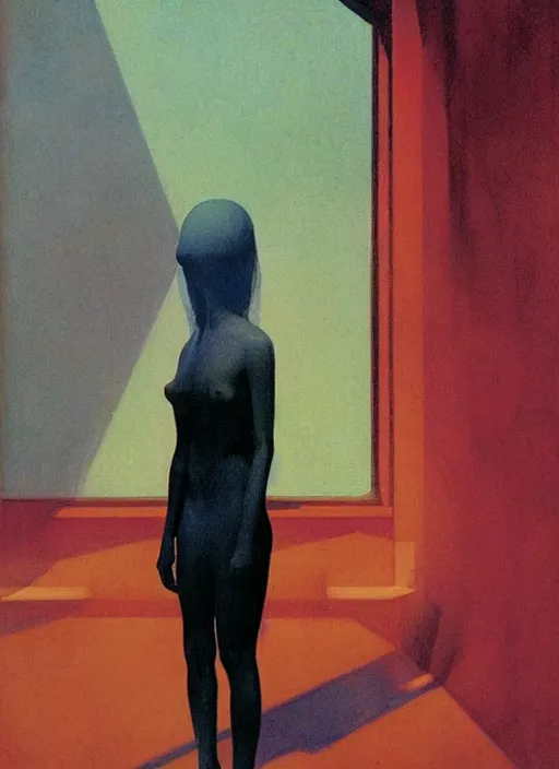 Image similar to woman at a traffilc in space light Edward Hopper and James Gilleard, Zdzislaw Beksinski highly detailed