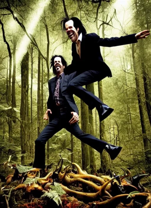 Image similar to a photo of an exuberant nick cave finding a giant devil in the deep forest