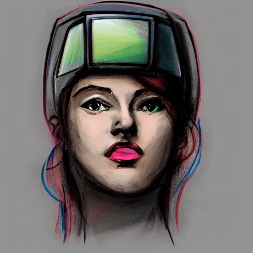 Prompt: color sketch of a woman wearing a TV over her head, trending on artstation