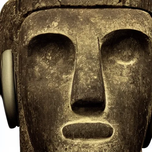 Image similar to a high detail photo of a moai wearing headphones