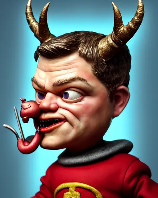 Image similar to highly detailed closeup, face profile portrait of a tin toy matt damon as a medieval demon with horns eating cakes in a castle, hyper realistic, artstation, illustration, nicoletta ceccoli, mark ryden, lostfish, dan decarlo, bob clampett, max fleischer, digital paint, matte paint, vivid colors, detailed and intricate environment