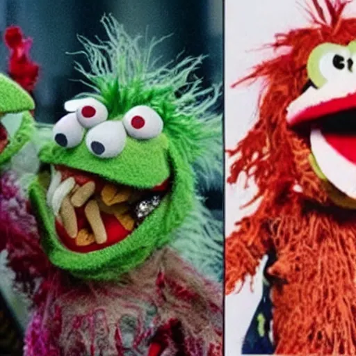 Image similar to zombie fraggle rock muppets, family photo of zombie muppets, dawn of the dead ( 1 9 7 8 ), photo from the 7 0 s