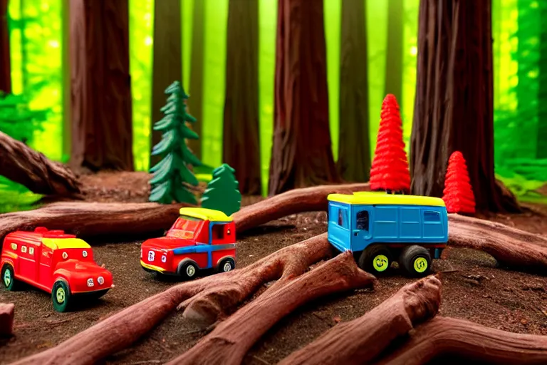 Image similar to fisher price redwood forest, california scene from tv show hyper detailed 5 5 mm 8 5 mm, toy photography, made out of plastic