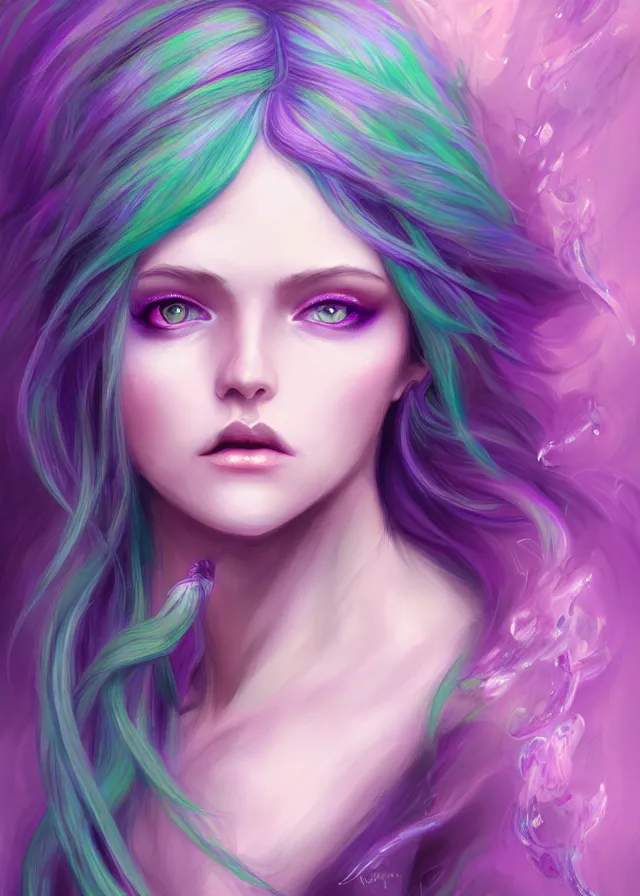 Image similar to fae teenage girl, portrait, face, long turquoise hair, purple highlights, fantasy, intricate, elegant, highly detailed, digital painting, concept art, smooth