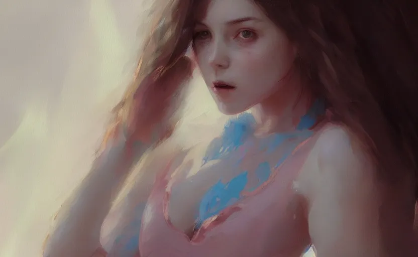 Image similar to a painting of little alice trending on artstation in the style of greg rutkowski, beautiful, female, sensual, natural skin, curvy build, natural sensuality, pink, blue, portrait