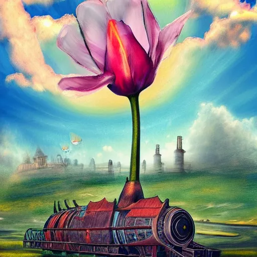 Prompt: flying tulip steam fortress, fantasy art, sky in the background, detailed, behrens style