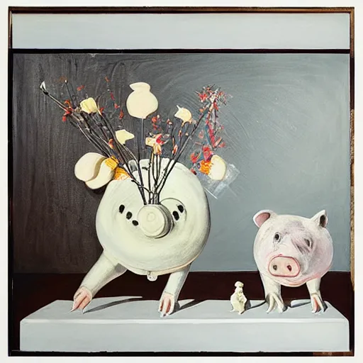 Image similar to “pig paintings and pig sculptures in a pig art gallery, pork, ikebana white flowers, white wax, squashed berries, acrylic and spray paint and oilstick on canvas, by munch and Dali”