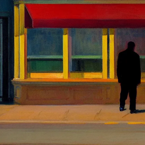 Prompt: a lonely man walking down the street in the style of Edward Hopper, 4k,