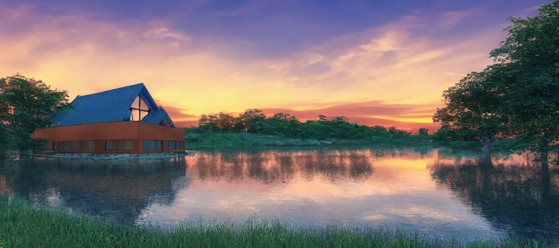 Image similar to a serene landscape with a singular building near a lake at sunset in anime style, 8k, low saturation, high quality, high detail