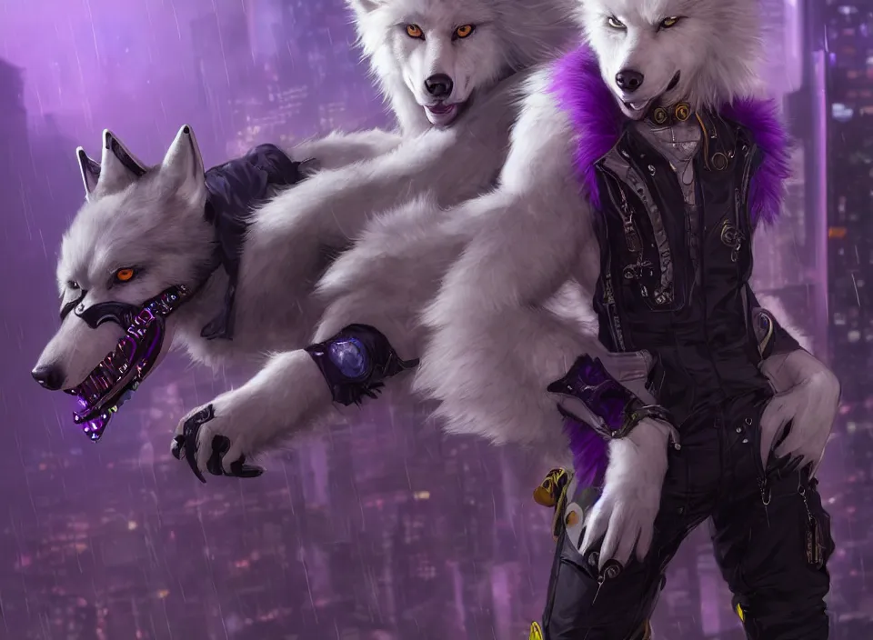 Image similar to award winning beautiful portrait commission of a male furry anthro albino wolf fursona with a tail and a cute beautiful attractive detailed furry face wearing stylish black, purple and yellow cyberpunk biker clothes standing on top of a high rise in a cyberpunk city at night while it rains. Character design by charlie bowater, ross tran, artgerm, and makoto shinkai, detailed, inked, western comic book art