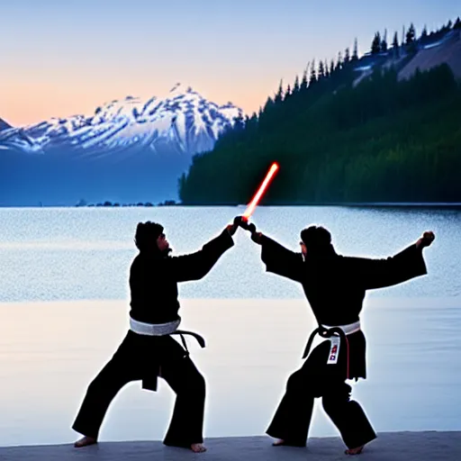 Image similar to kodiak bears kung - fu fighting with lightsabers on a lakefront, dusk,